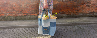women with sustainable patchwork vintage denim tote