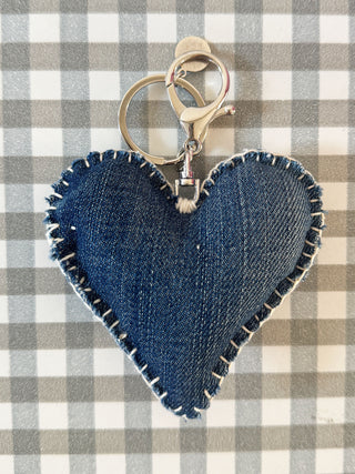 Upcycled denim heart keyring attached to red gingham ruffle bag – sustainable handmade accessory