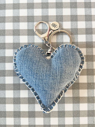 Blue denim heart keyring made from upcycled fabric