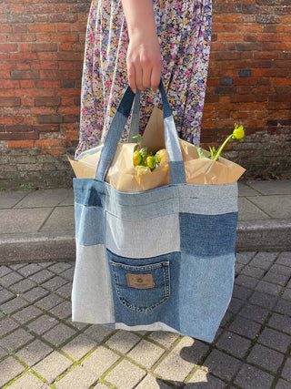 denim tote bag with flowers in