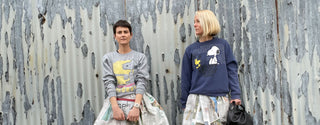 Upcycled Snoopy graphic sweatshirts styled with reworked newspaper skirts – sustainable fashion from The Well Worn, UK