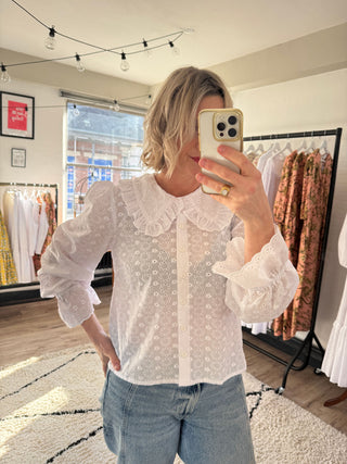 women wearing broderie blouse