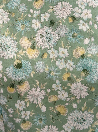 A close-up of a fabric or wallpaper pattern featuring a dense floral print of white, light blue, and yellow flowers on a muted sage green background.