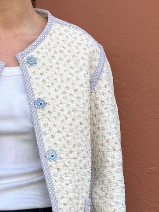 Handmade cream vintage quilt jacket with contrasting ric rac detail, limited edition by The Well Worn