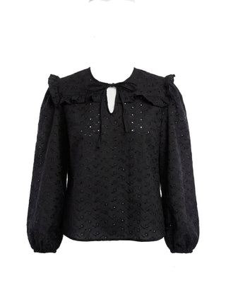 Black blouse with ruffled collar and long sleeves on a white background