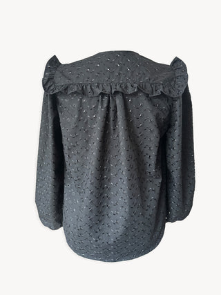 Black 
blouse with ruffled collar on a white background
