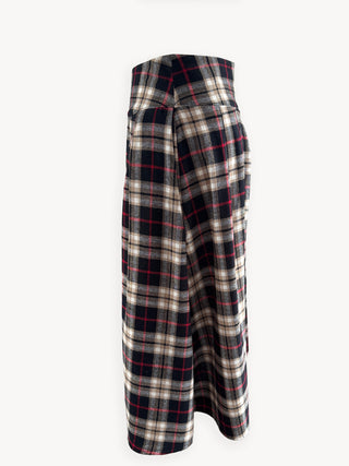 Plaid skirt with a black, red, and beige pattern on a white background
