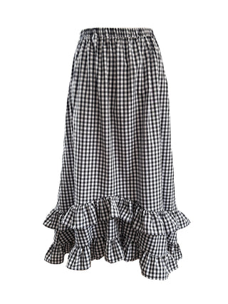 Black and white checkered skirt with ruffled bottom on a white background