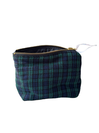 Plaid patterned pouch with a zipper on a white background