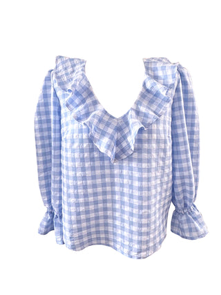 blue check ruffle pop over top