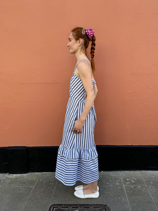 model wearing stripe dress side view