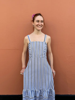 model wearing stripe dress close up