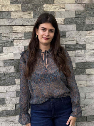 women wearing tie front ruffle detail blouse
