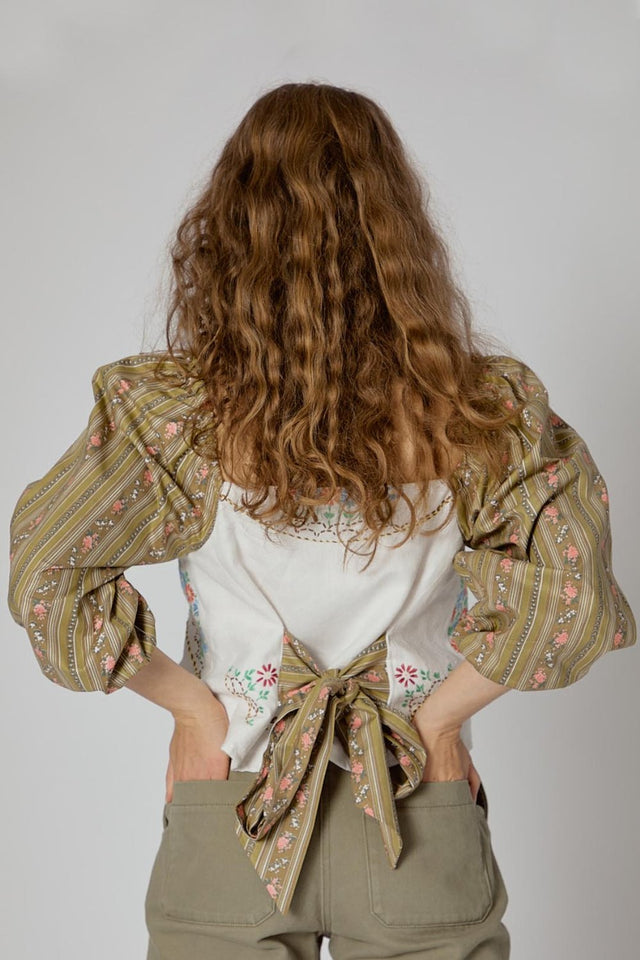 The Well Worn model-wearing-embroidered-top-back-view