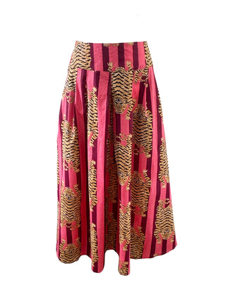 Front view of The Dune Skirt – tiger print striped cotton midi skirt with pockets