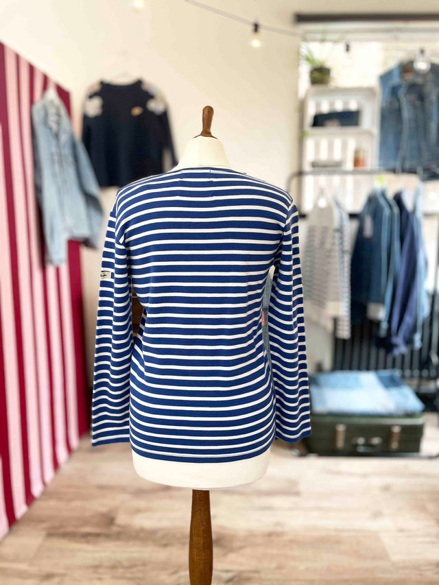 The Well Worn blue stripe top on mannequin back