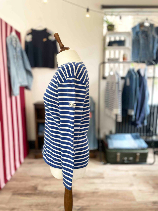 The Well Worn blue stripe top on mannequin side