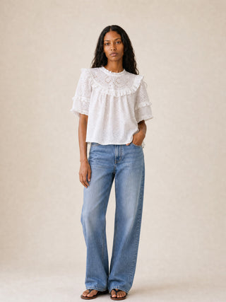 women wearing cream ruffle top