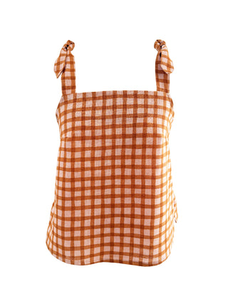 A sleeveless gingham check top in orange and white, featuring tie-shoulder straps and a square neckline, shown against a plain white background.
