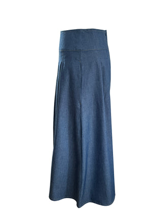 Blue denim skirt on a white background