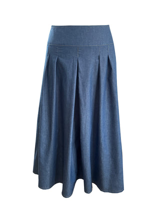 Blue denim skirt on a white background