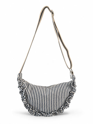 Navy and white striped bag with a strap on a white background