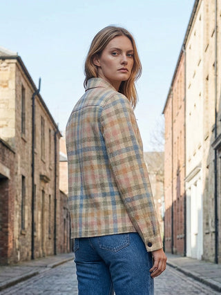 model wearing check jacket back detail