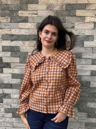 women wearing check frill collar blouse
