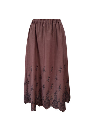 chocolate gathered embroidered skirt on white background