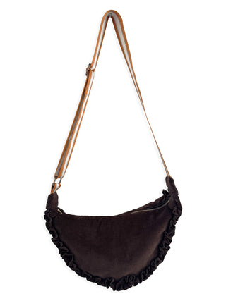 Brown cord handbag with ruffled edges on a white background