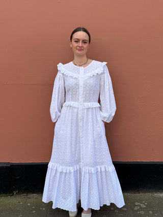 Ethical white cotton broderie anglaise dress with frilled collar and button-down front, made to order by The Well Worn UK