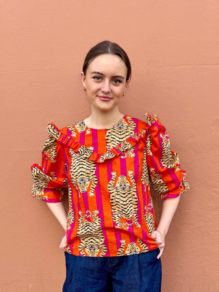 Deadstock cotton puff sleeve top in vibrant orange and pink stripes, handmade in Britain