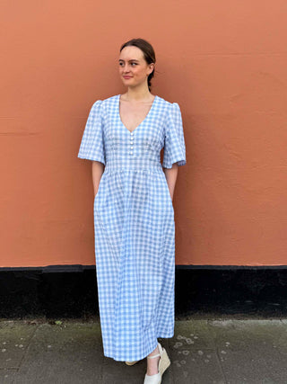 Gingham seersucker dress, ethically made in the UK in a small limited run