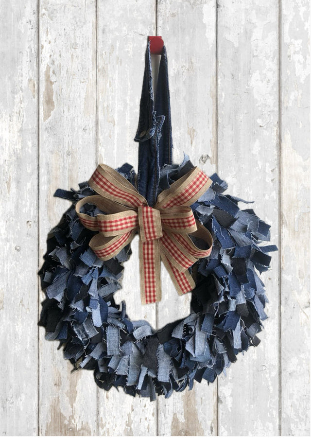 denim wreath on wooden background