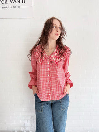 Ethical fashion – model styling handmade red gingham Luna Blouse in breathable cotton