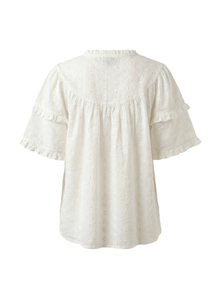 White blouse with ruffled sleeves on a white background