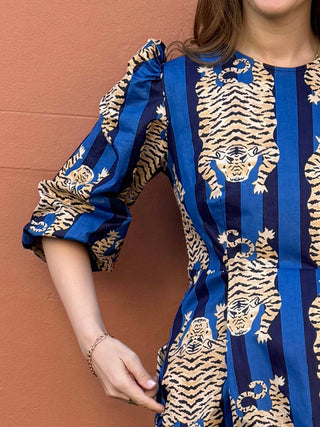 Close-up of fitted bodice and tiger print detail on The Well Worn’s Ada Dress, made from deadstock cotton.