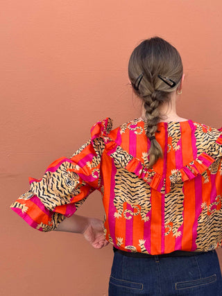 UK-made striped cotton top with puff sleeves, crafted from sustainable deadstock fabric