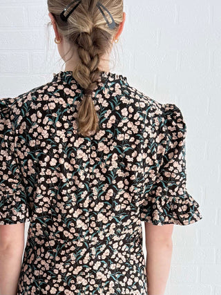 Close-up of bold floral print on ethically made cotton mini dress.