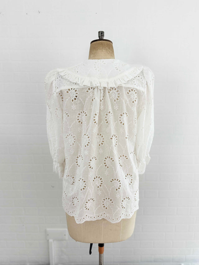 The Well Worn cutwork blouse with scalloped edge back