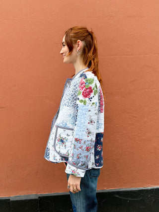 women wearing quilted jacket side view
