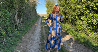 model wearing sustainable animal print dress