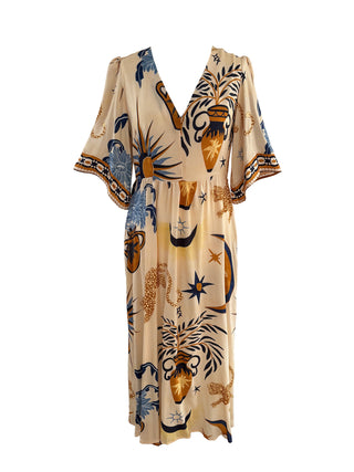 Front view of The Seraphina Dress, showcasing a flattering v-neck, celestial print, and flutter sleeves, made from sustainable fabric.