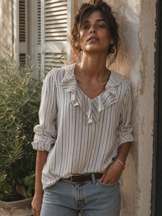 The Luna Pop-Over Blouse - Fine Stripe
