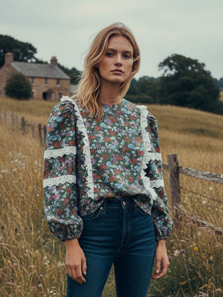 The Suki Blouse – Green Floral Cotton with French Lace