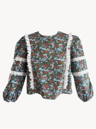 The Suki Blouse – Green Floral Cotton with French Lace
