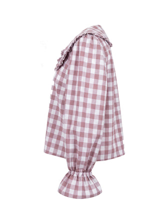 Pink and white checkered blouse with ruffled details on a white background