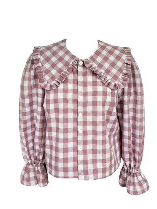 Pink and white checkered blouse with ruffled collar and cuffs on a white background
