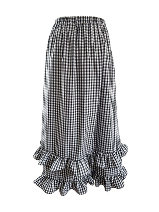 Black and white checkered skirt with ruffled hem on a white background