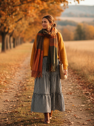 Woman in a yellow sweater and plaid scarf standing in an autumnal field.